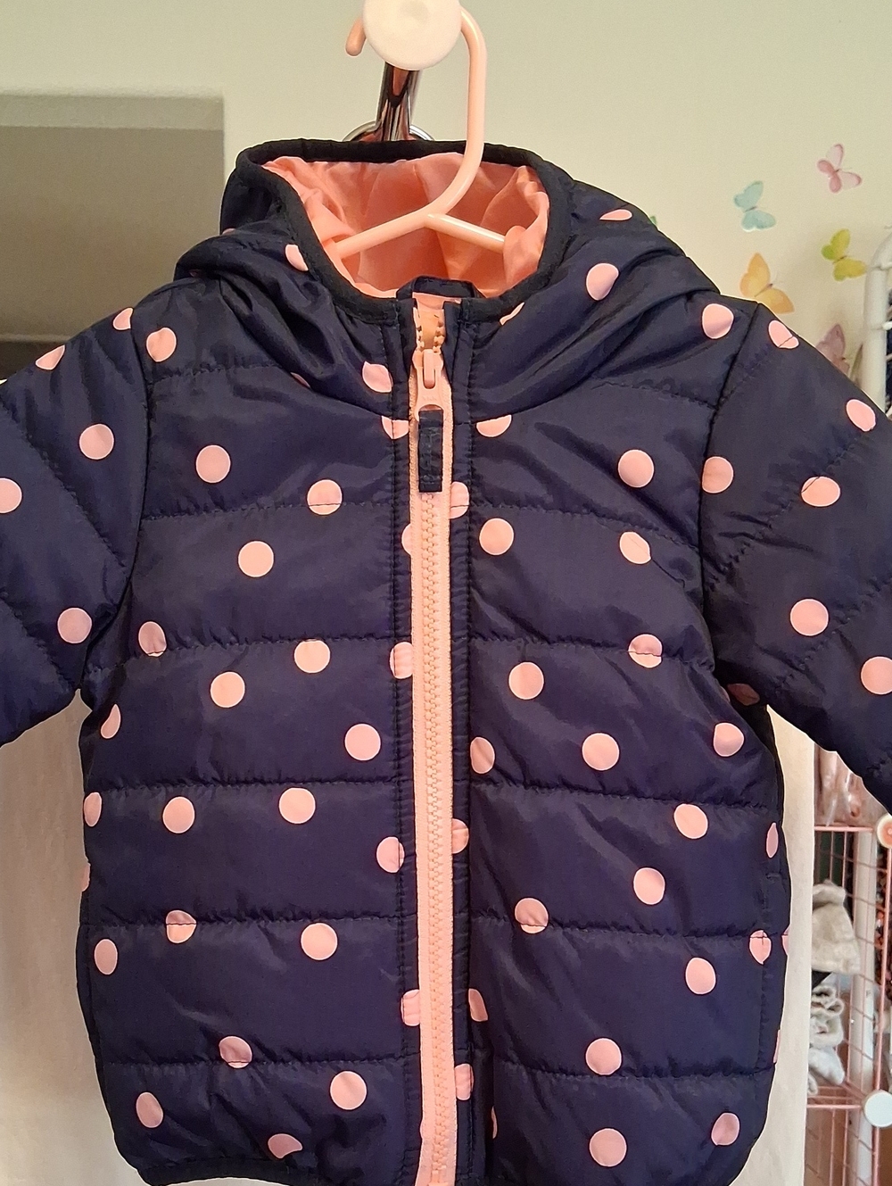 Navy & Pink Polka Dot Puffer Rainy Jacket